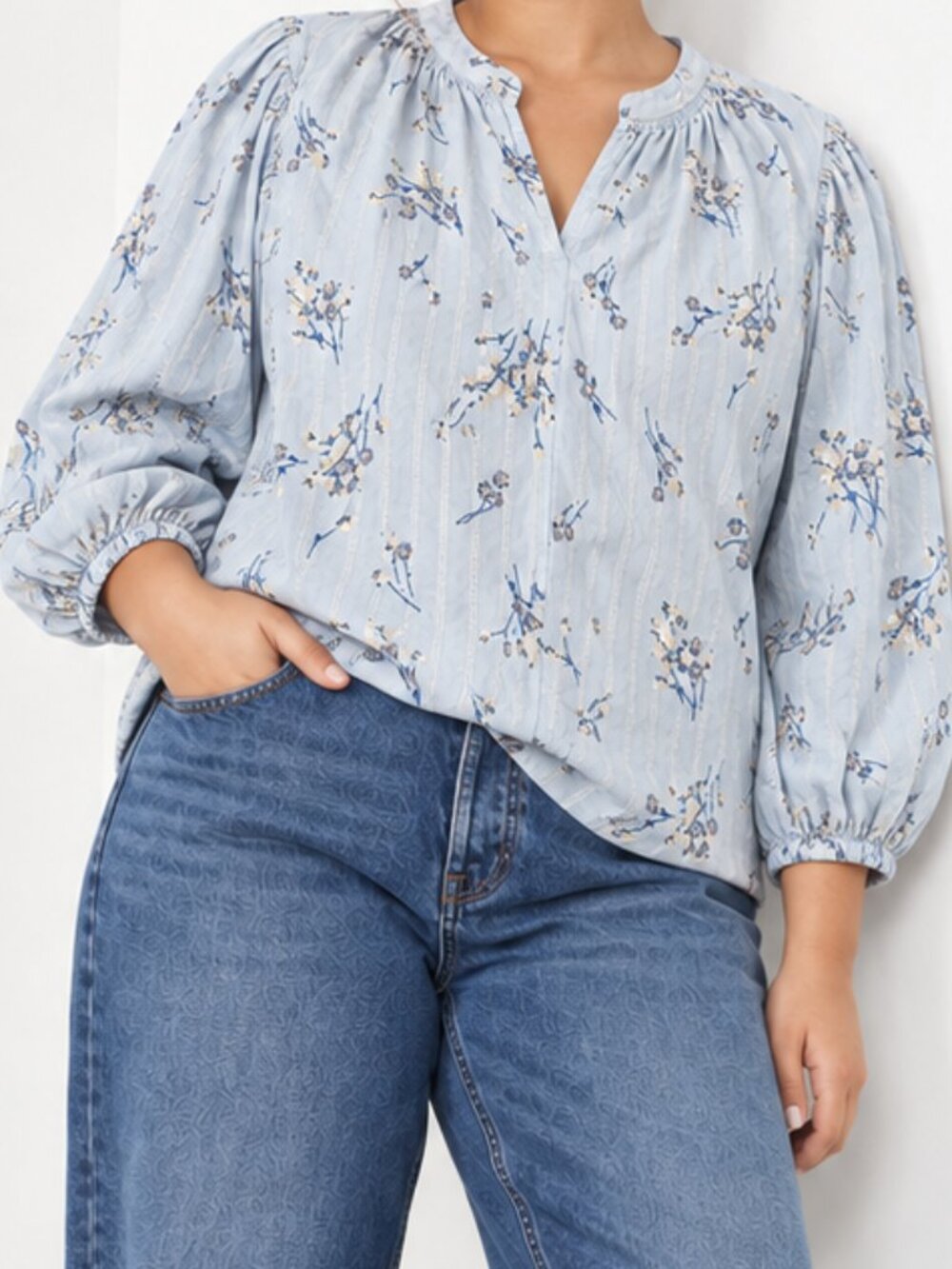A.N.A. Light Blue Floral Puff Sleeve Blouse Petite XL 3/4 Sleeve